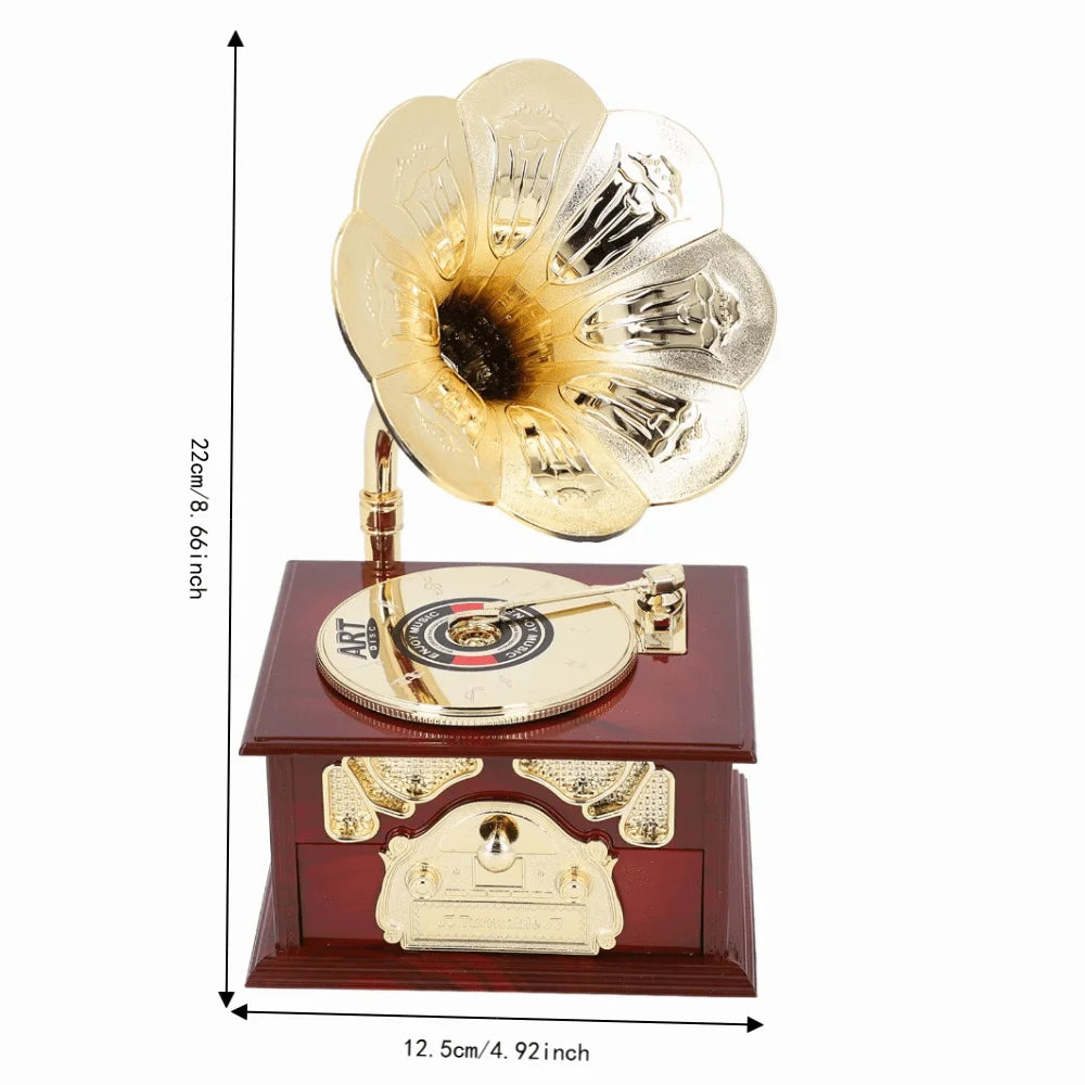 Retro Clockwork Gramophone Music Box – Vintage Phonograph Figurine Decorative Music Box Nixie