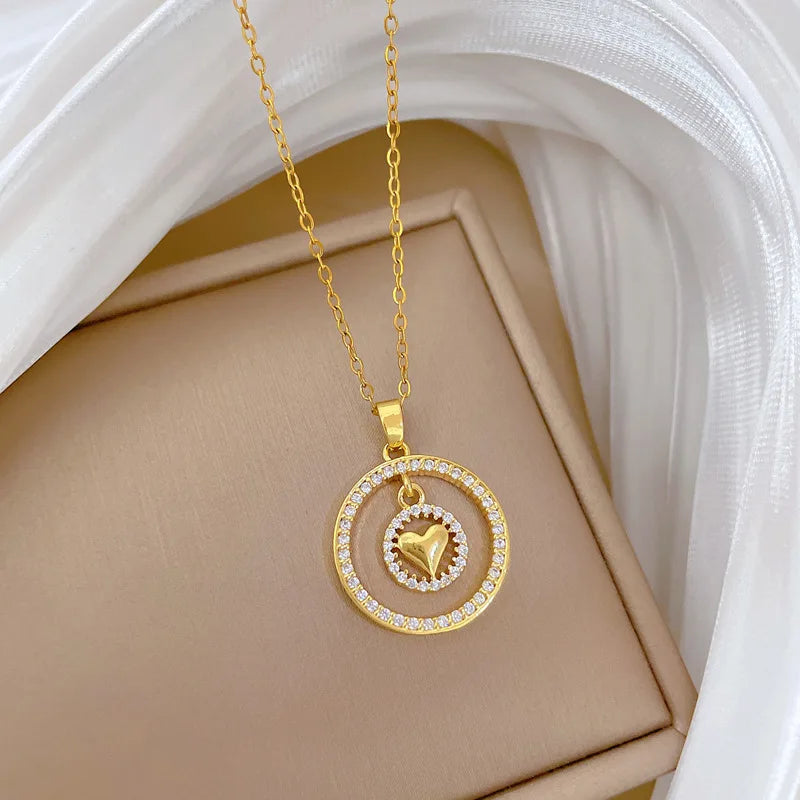 Double Layer Heart Pendant Necklace | Gold Stainless Steel Pendant Necklace Nixie