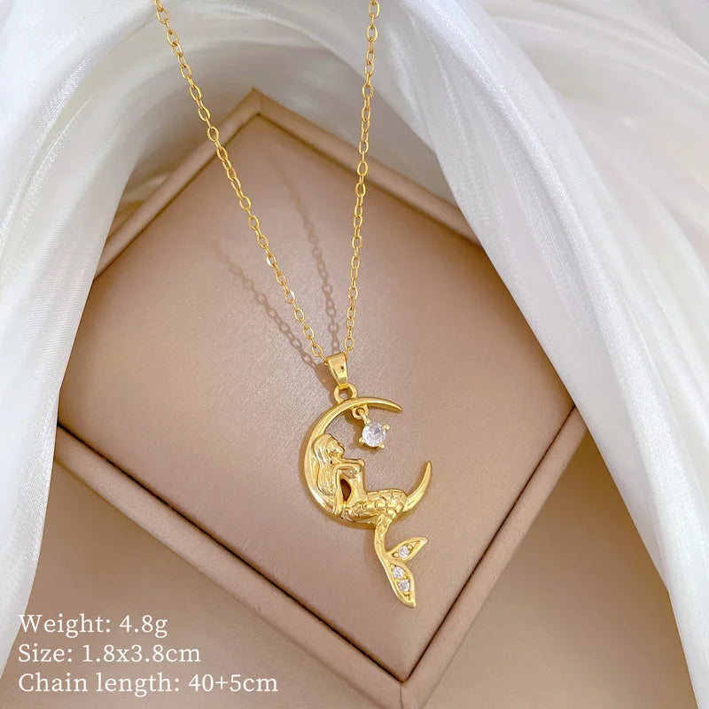 Mermaid Pendant Choker Necklace | Gold Stainless Steel Pendant Choker Necklace Nixie XL2606-658
