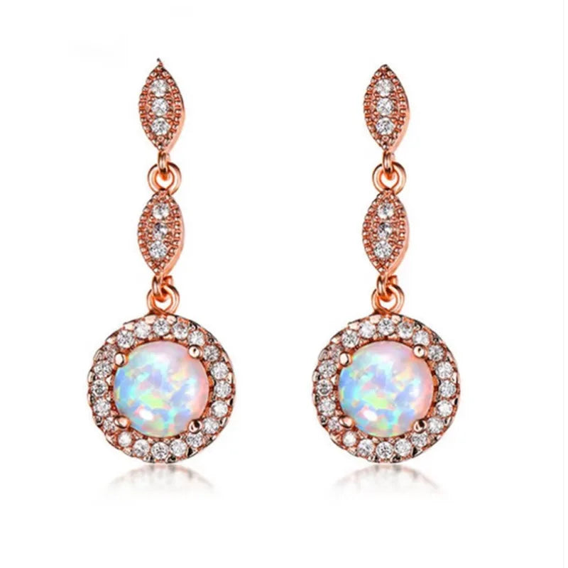 Simulated Opal Long Drop Earrings – White Round Classic Style Drop Earrings Nixie