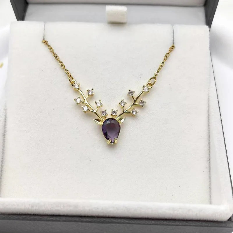 Antler Pendant Necklace – Minimalist Steel Collarbone Chain Pendant Necklace Nixie Purple