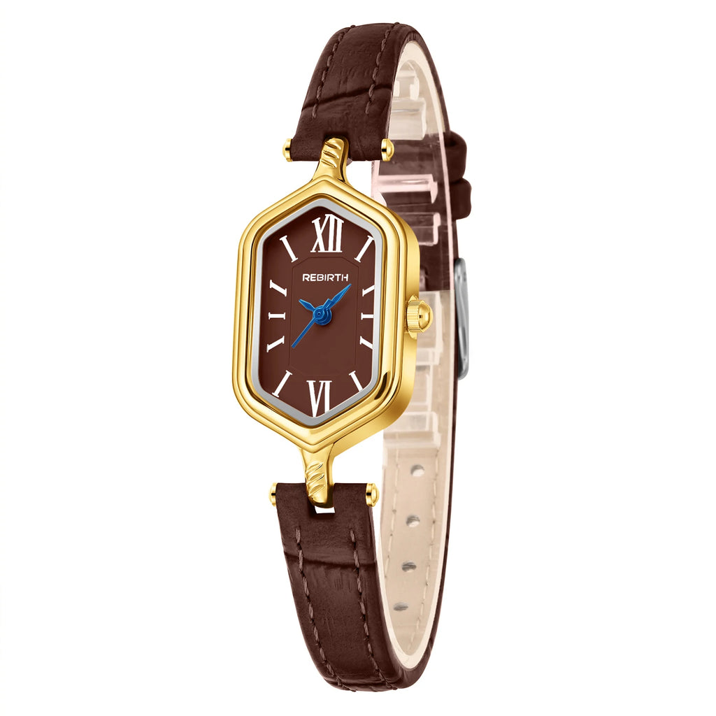 REBIRTH Women's Retro Gold Quartz Watch – Barrel Dial & Leather Strap Women's Quartz Watch Nixie
