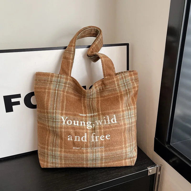 Retro Plaid Color-Block Tote Bag with Letter Embroidery Shoulder Tote Bag Nixie