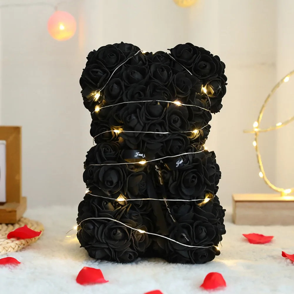 28cm Artificial Rose Teddy Bear with LED Strip | Multicolor Gift