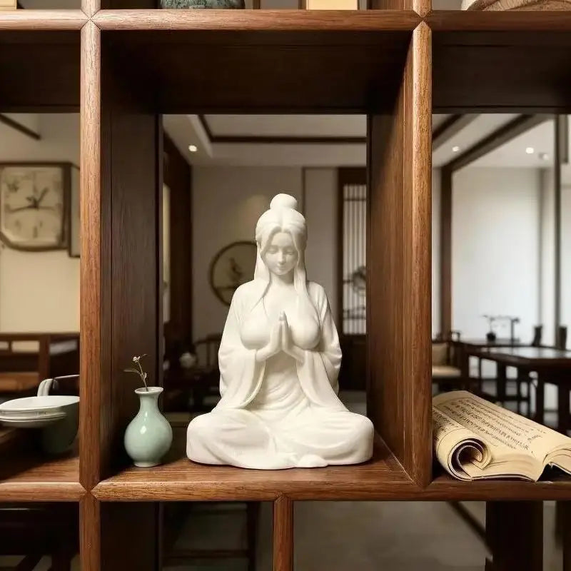 Mini Meditation Lady Figurine – Zen Matte White Desktop Statue Desktop Figurine Statue Nixie