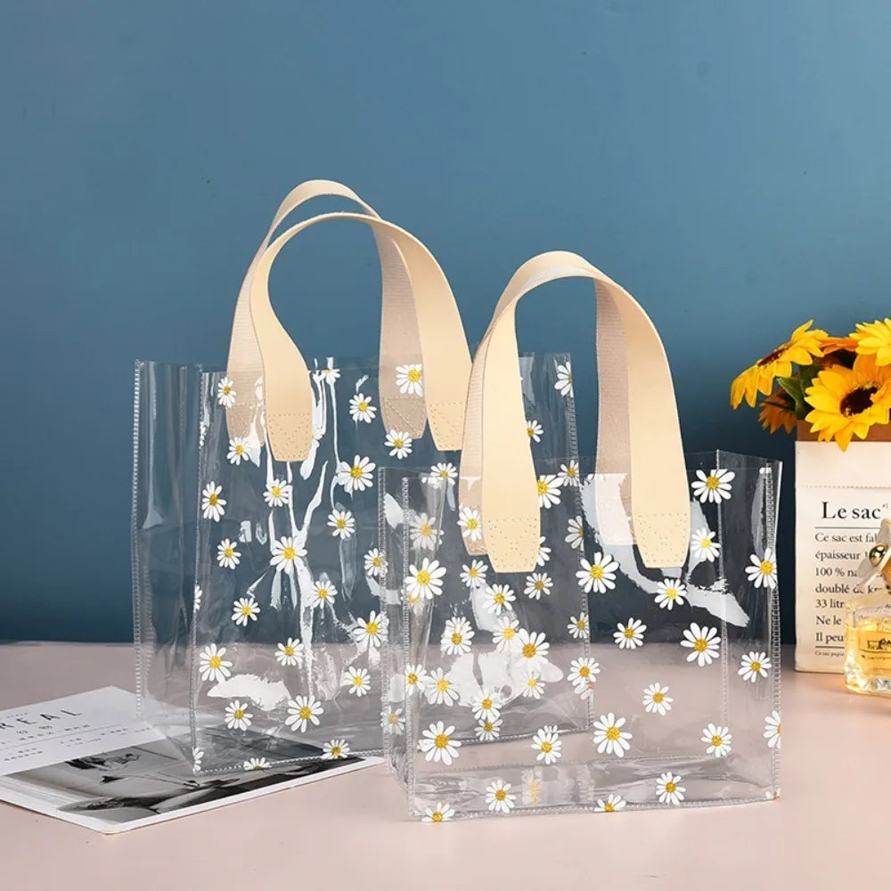 PVC Clear Tote Bag – Daisy Transparent Waterproof Handbag Clear PVC Tote Bag Nixie White Handle L
