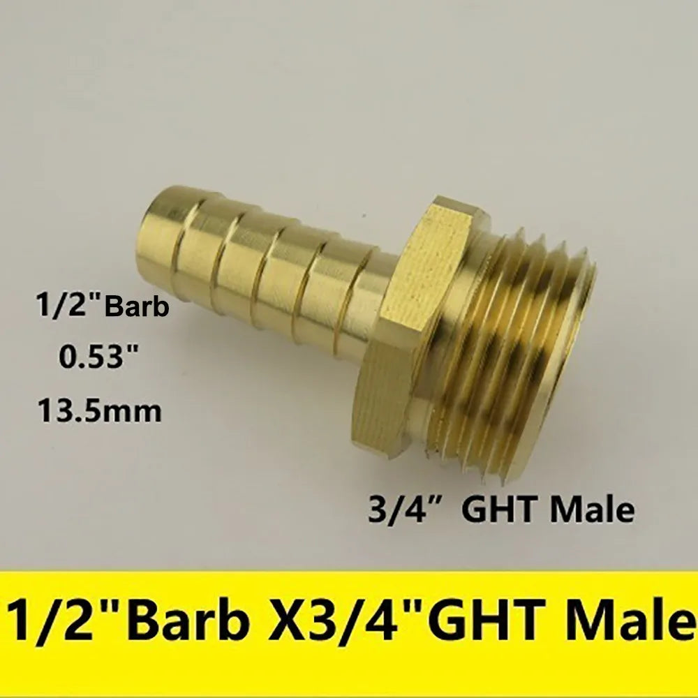 Brass Barb Fitting 3/8"–3/4" x 3/4" GHT Garden Hose Adapter Brass Hose Fitting Nixie 1-2-Barb x 3-4-GHT M
