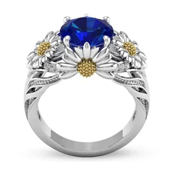 Silver-Plated Daisy Ring – Blue Zircon & Orange, Sizes 6–10 Fashion Ring Nixie