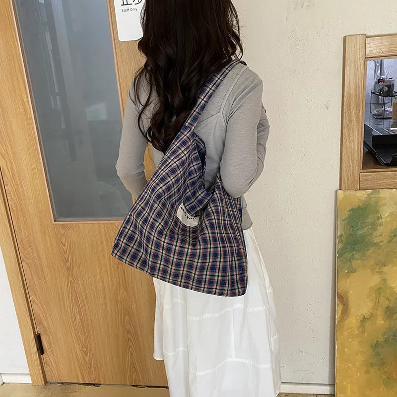 Women's Plaid Canvas Shoulder Bag | Large Capacity Korean Style Canvas Shoulder Bag Nixie