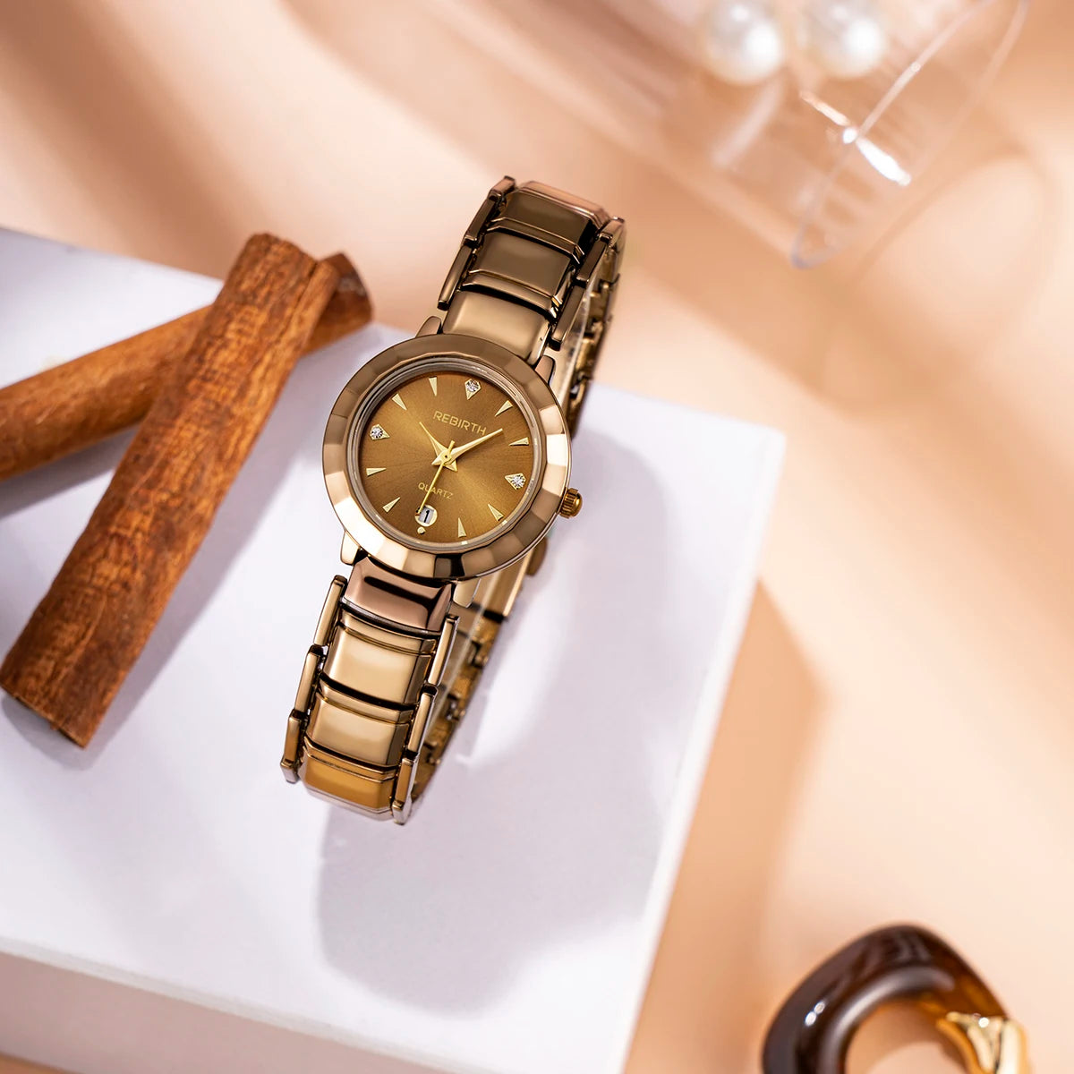 REBIRTH Women's Elegant Quartz Watch with Calendar Display Women's Quartz Watch Nixie
