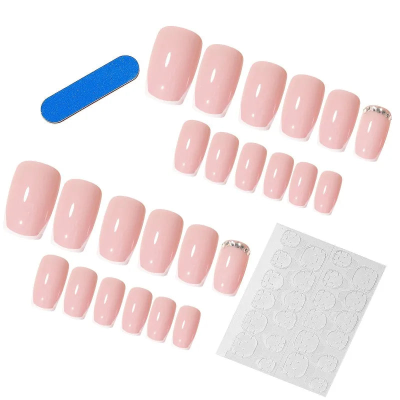 Short French Rhinestone False Nails – 24Pcs Handmade Set False Nail Set Nixie