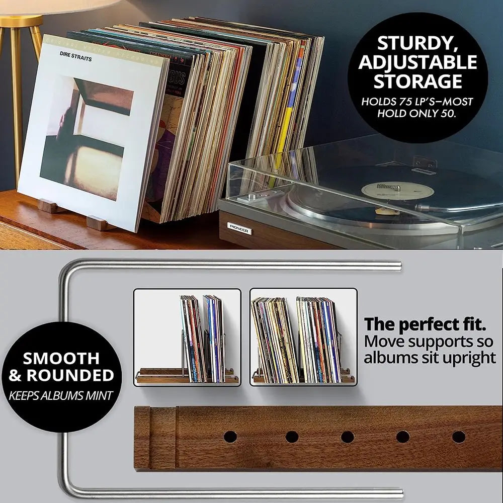 Solid Walnut Vinyl Record Stand – Adjustable LP & CD Holder