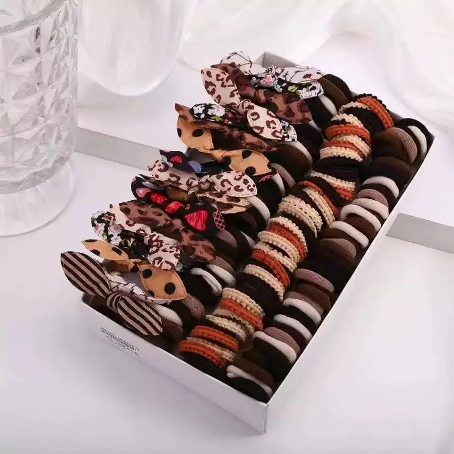 170-Pc Girls Elastic Hair Bands Set – Leopard & Caramel Colors Girls Hair Accessories Nixie 170pcs-NO box