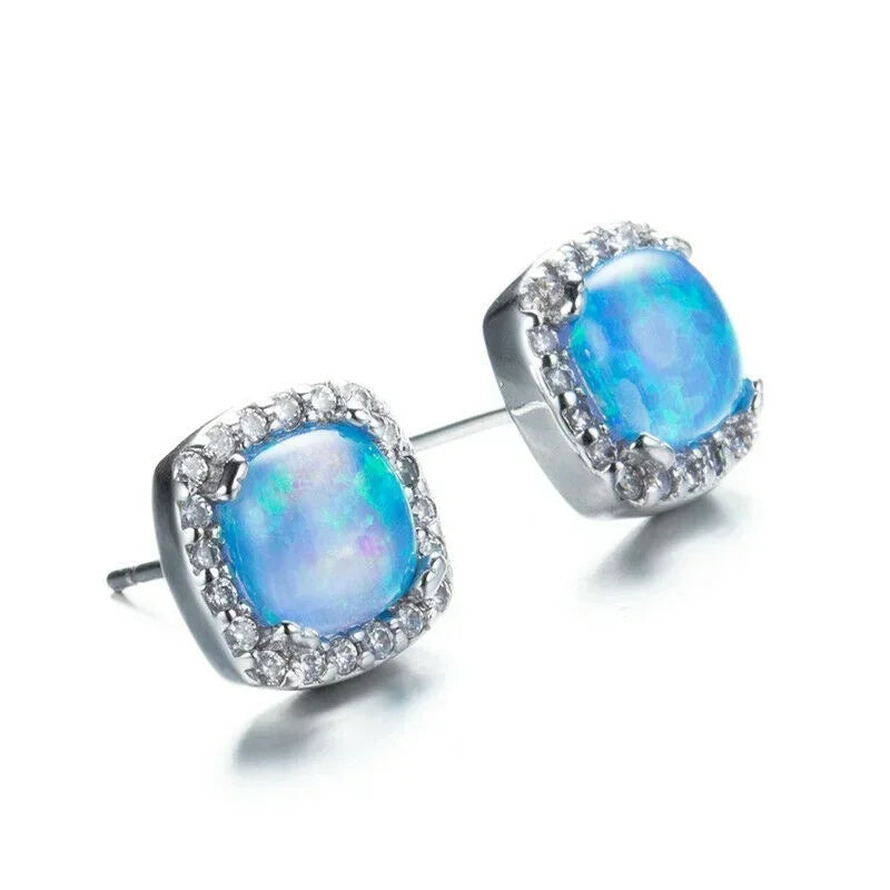 Square Blue Simulated Opal Dangle Earrings | Trendy Women