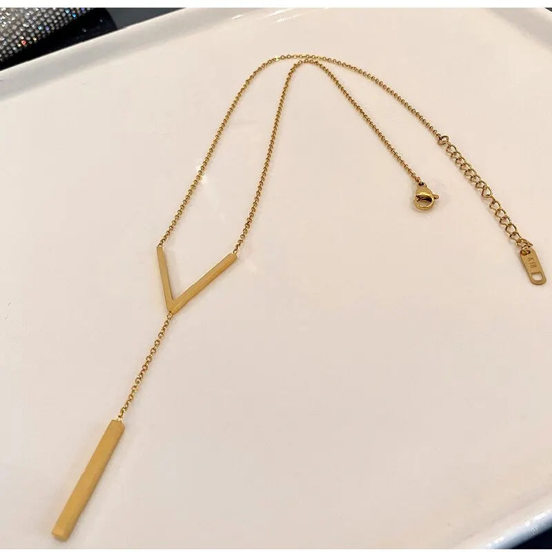 Gold V-Shape Bar Tassel Collarbone Necklace | Stainless Steel Pendant Necklace Nixie