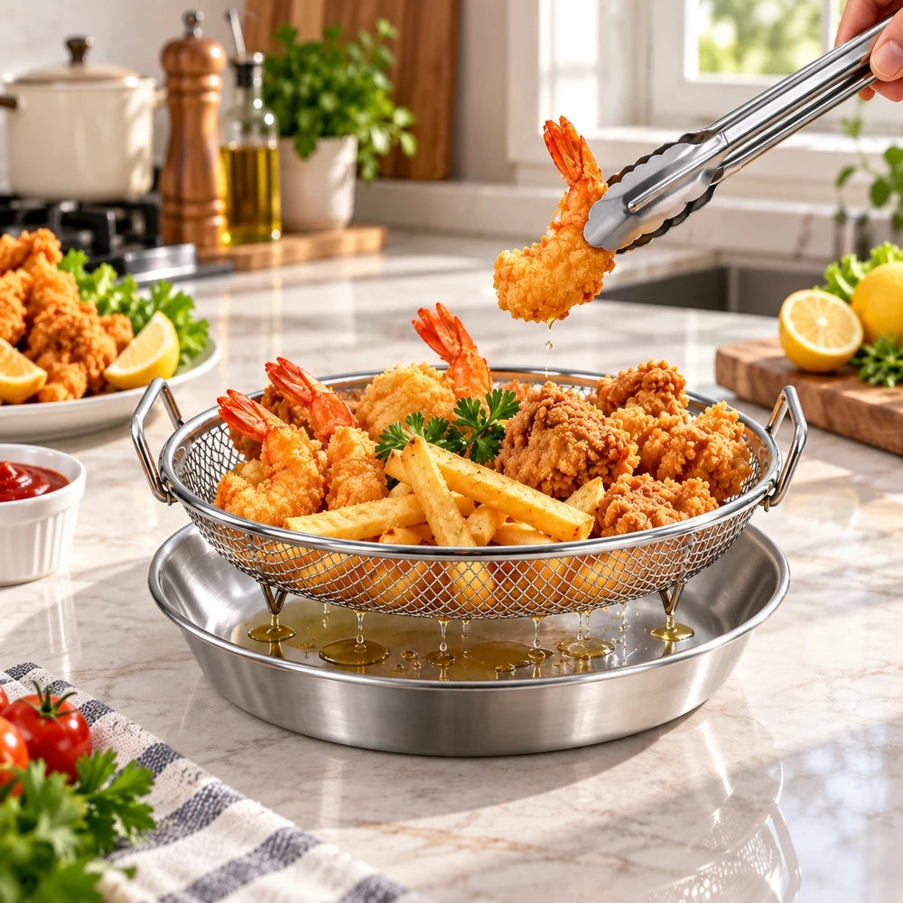 3-Piece Stainless Steel Kitchen Set: Drain Basket, Tray & Tongs Kitchen Tool Set Nixie