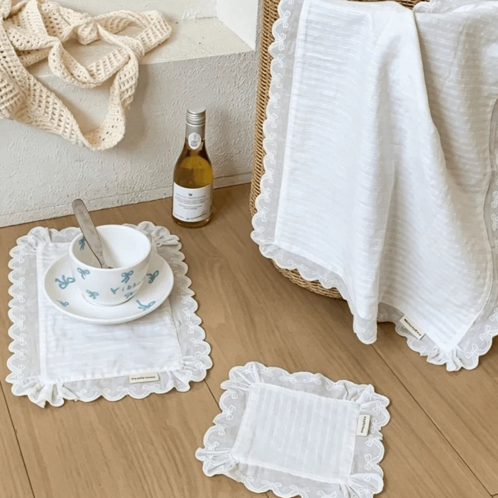 Korean Style Lace Ruffle Placemat – 100% Cotton Coaster Lace Ruffle Placemat Nixie