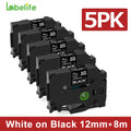 5-Pack 12mm White on Black Label Tape for Brother P-Touch TZe