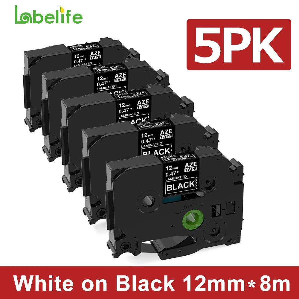 5-Pack 12mm White on Black Label Tape for Brother P-Touch TZe
