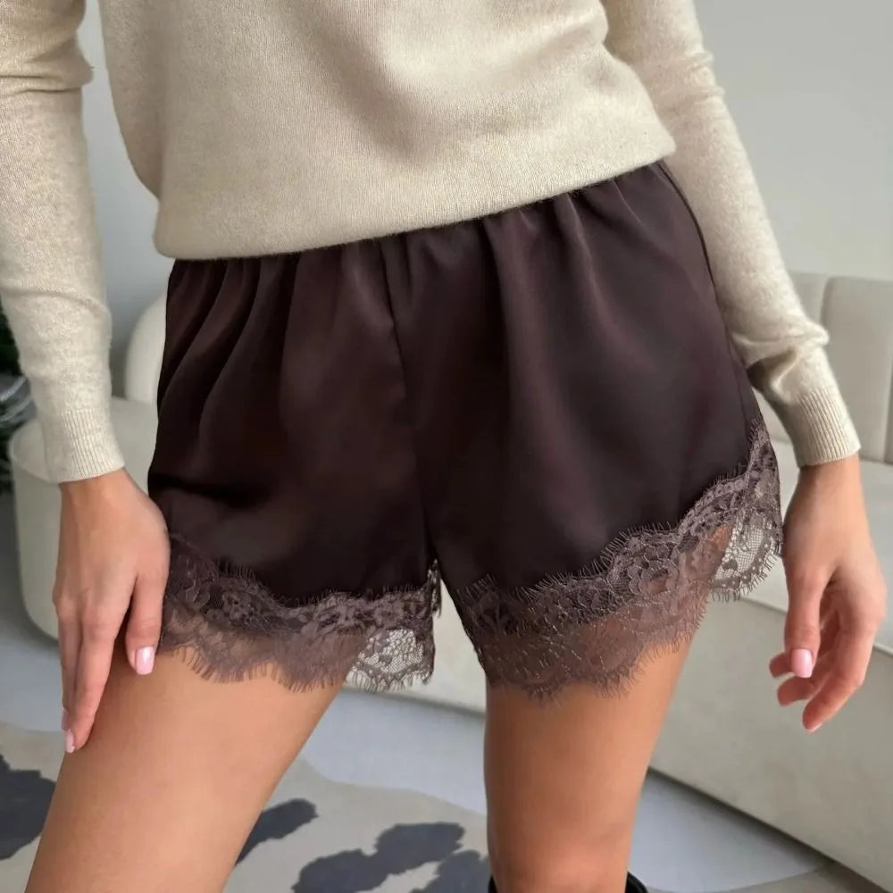 Women's Lace Satin Wide Leg Shorts – Y2K Elastic Waist Style Satin Lace Shorts Nixie Coffee- XL