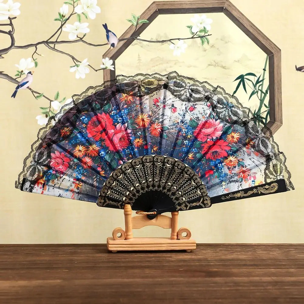 Spanish Folding Fan Black Floral Lace Dance Prop & Gift