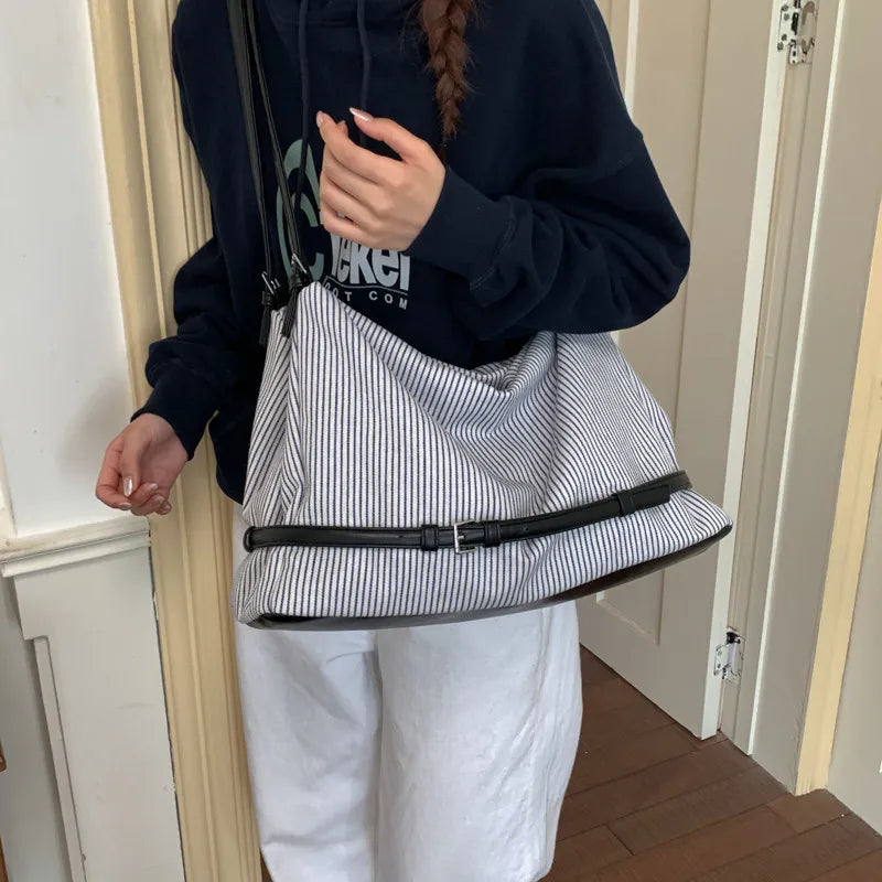 Korean Striped Canvas Tote Bag – Large Women's Shoulder Bag Canvas Shoulder Tote Nixie