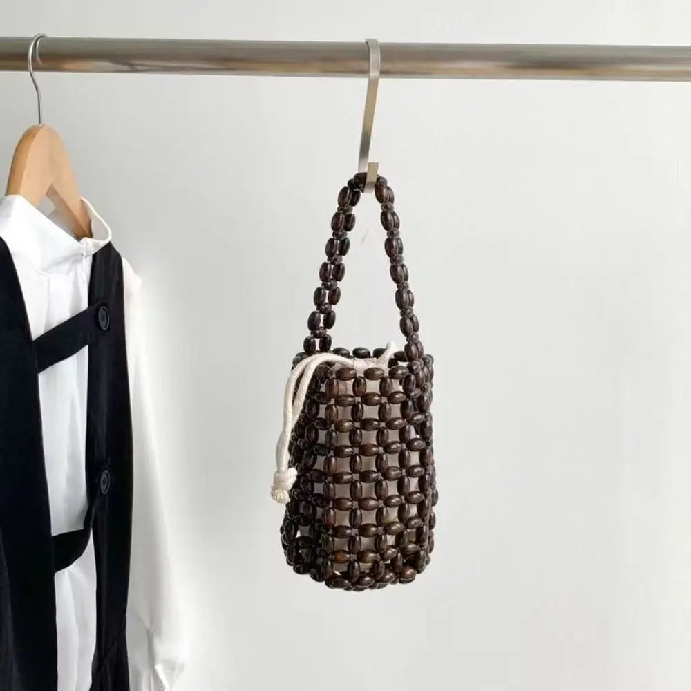 Handmade Wooden Bead Bucket Bag – Hollow Woven Mini Wrist Bag Woven Bucket Bag Nixie