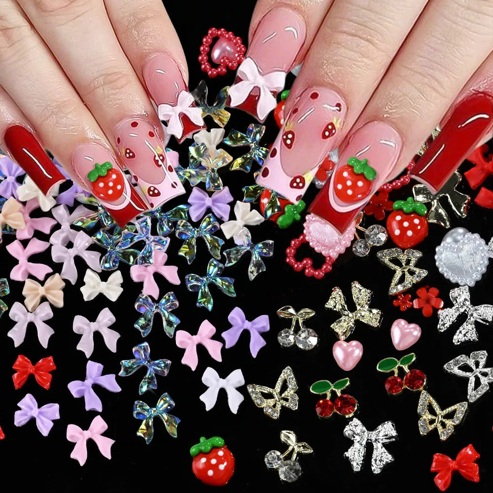 3D Resin Bow Nail Charms 12-Grid Set with Rhinestones & Tweezer Nail Art Charms Nixie