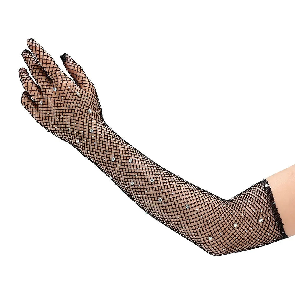 Glitter Rhinestone Fishnet Gloves Long Opera Punk Cosplay Mittens Costume Fashion Gloves Nixie