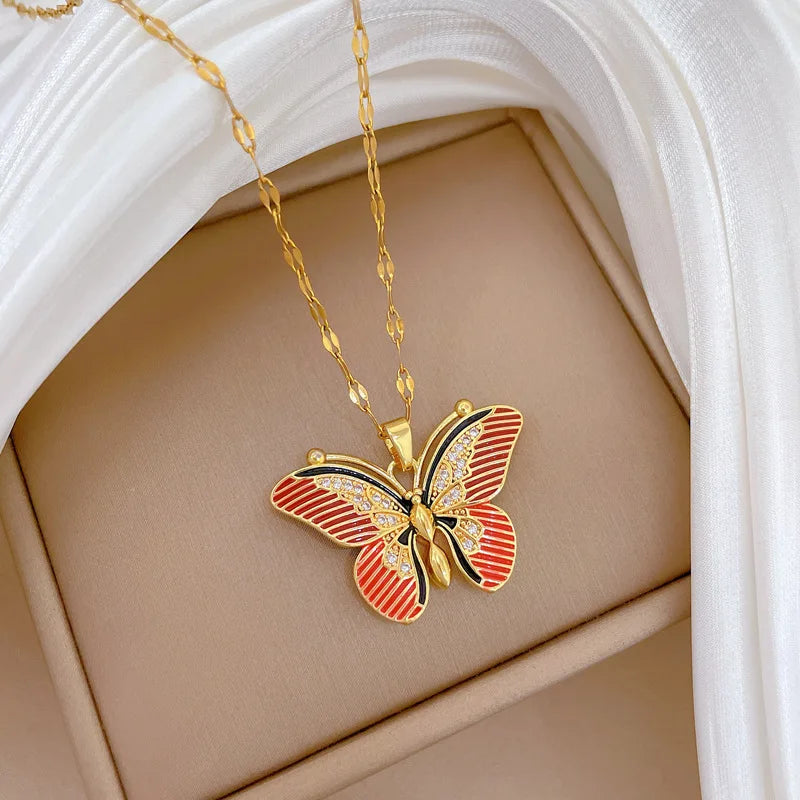 Red Butterfly Pendant Necklace – Gold Stainless Steel Choker Pendant Necklace Nixie