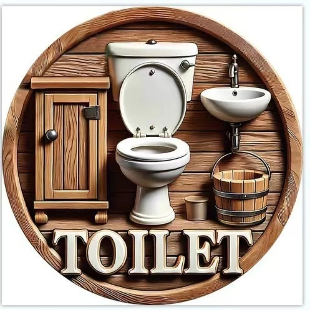 Wooden Hanging Bathroom Sign Round Farmhouse Wall Décor