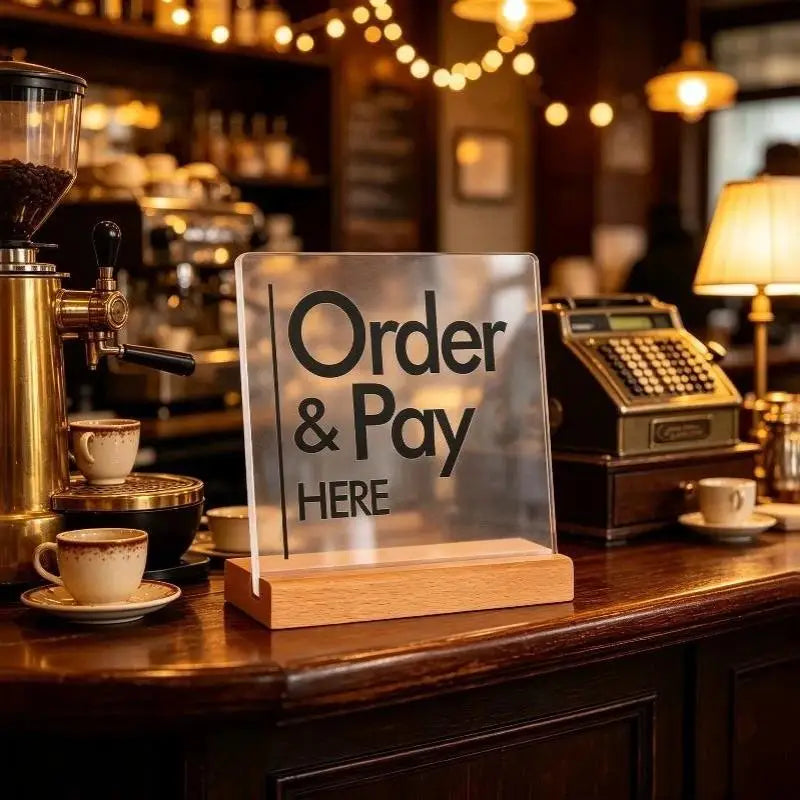 Acrylic Order & Pay Here Desk Sign with Wood Base | Double Sided Tabletop Desk Sign Nixie