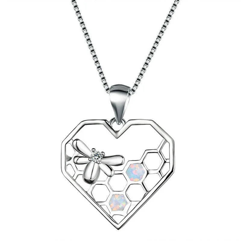 Simulated Opal Heart & Bee Pendant Necklace | Nixie Fashion Pendant Necklace Nixie Light Yellow Gold Color