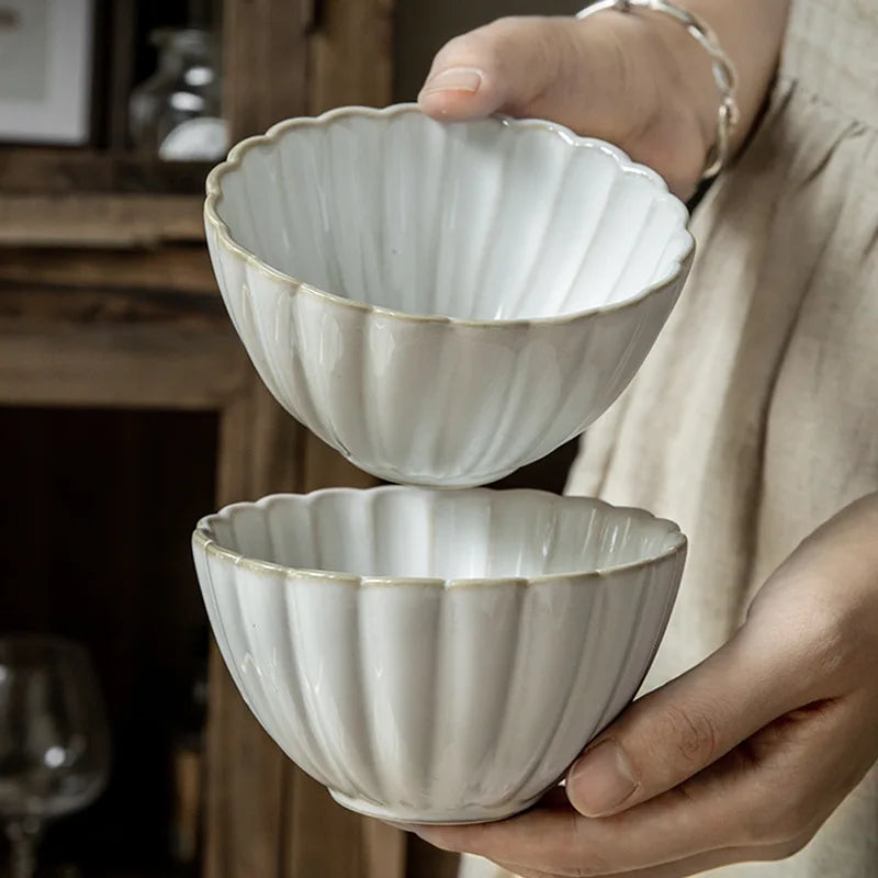 Lace Relief Ceramic Bowl 4.5" Retro Kiln Glaze Porridge Bowl Ceramic Dining Bowl Nixie