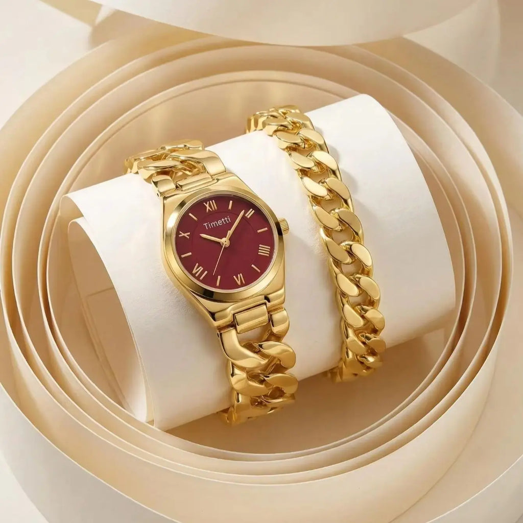 Women's Gold Watch & Bracelet Set | Quartz Roman Numeral Watch & Bracelet Set Nixie