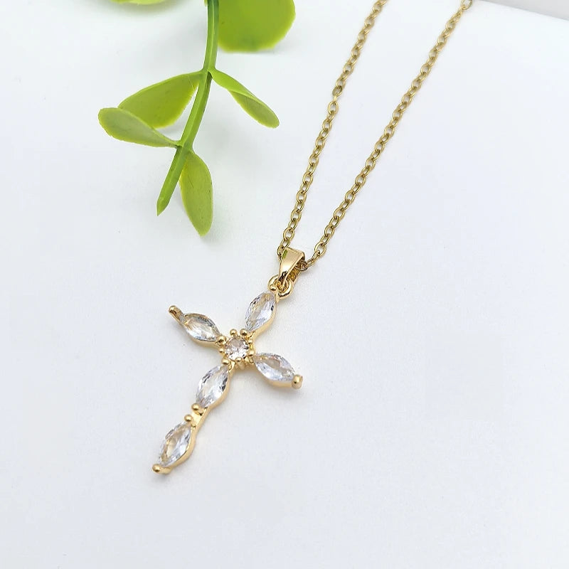 Women's Cross Zircon Pendant Necklace | Gold Stainless Steel Pendant Necklace Nixie
