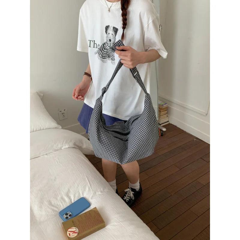 Korean Plaid Canvas Tote Bag – Shoulder & Crossbody for Women Canvas Tote Bag Nixie