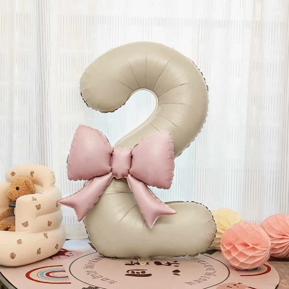 40" Cream White Number Foil Balloon with Pink Bow | Party Decor Foil Number Balloon Nixie 2 with bow 40inch