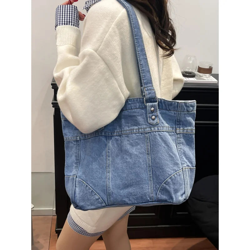 Retro Washed Denim Large-Capacity Shoulder Tote Bag | Women Denim Shoulder Tote Nixie
