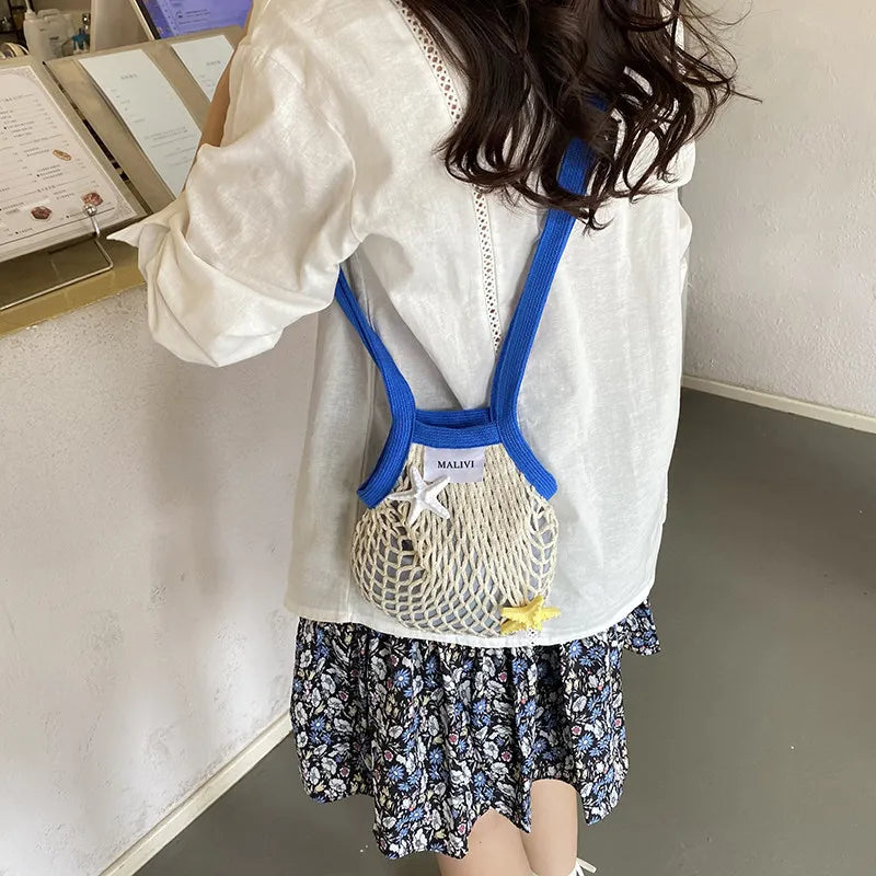 Women's Hollow Woven Mesh Bucket Bag – Large Crossbody Woven Mesh Handbag Nixie Royal Blue (No Charm
