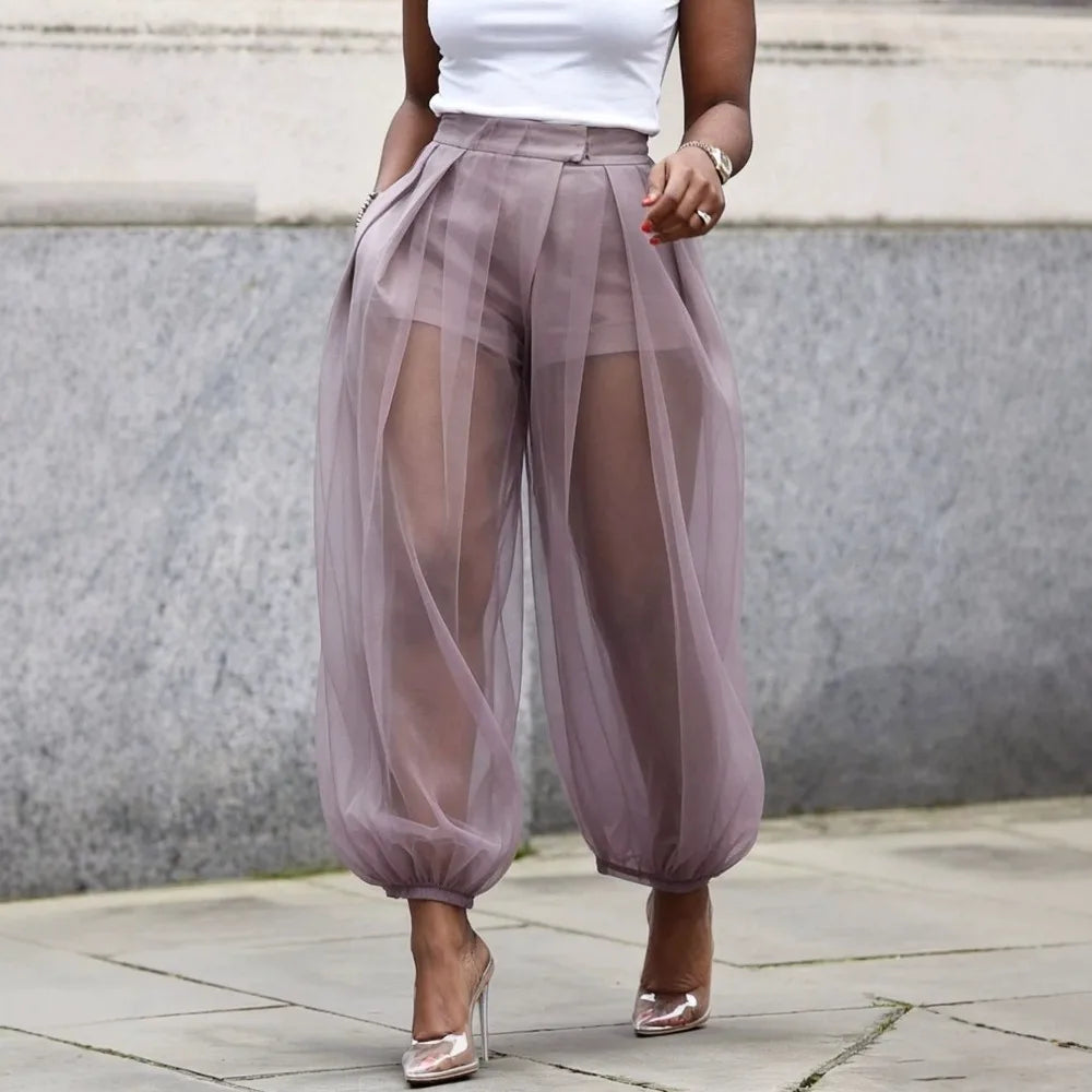 Women's Sheer Mesh Lantern Pants High Waist Balloon Trousers Mesh Lantern Pants Nixie Purple XL