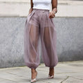Women's Sheer Mesh Lantern Pants High Waist Balloon Trousers Mesh Lantern Pants Nixie Purple XL
