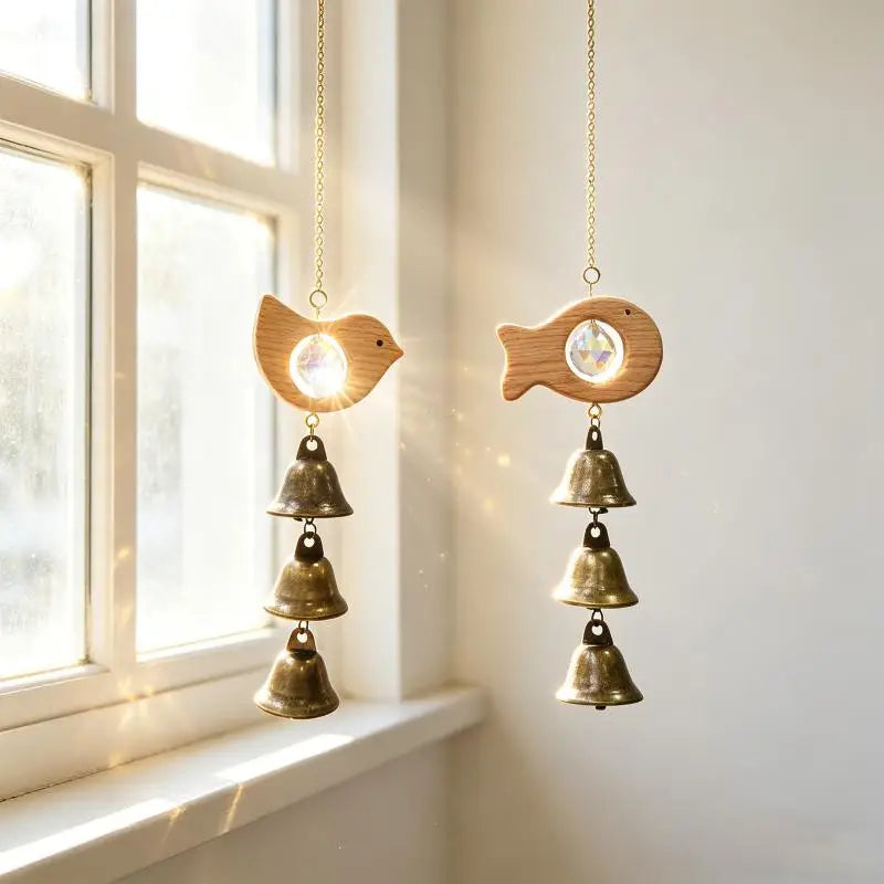 Wooden Fish & Bird Wind Chime – Crystal & Brass Bell Décor Decorative Wind Chime Nixie