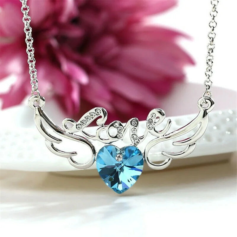 Angel Wings Aquamarine Crystal Silver Pendant Necklace Pendant Necklace Nixie