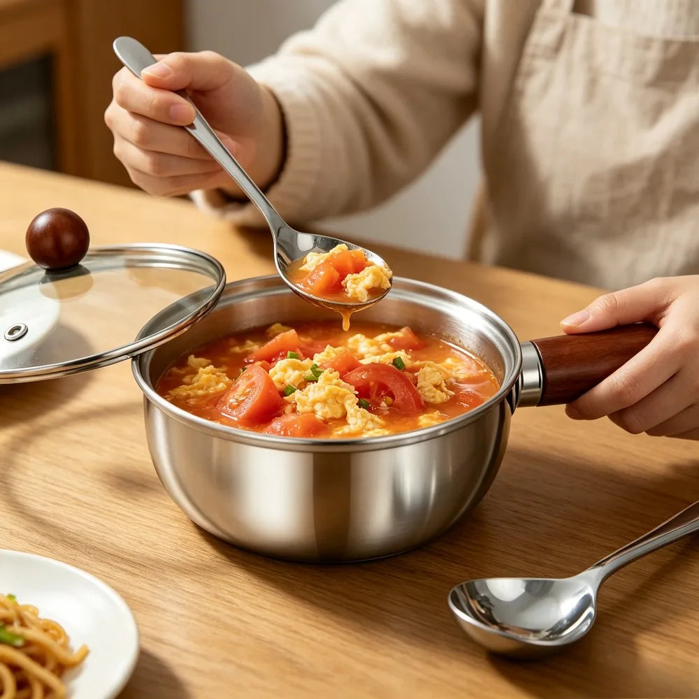 Stainless Steel Mini Saucepan Set – Wooden Handle, Lid & Spoon Saucepan Cookware Set Nixie