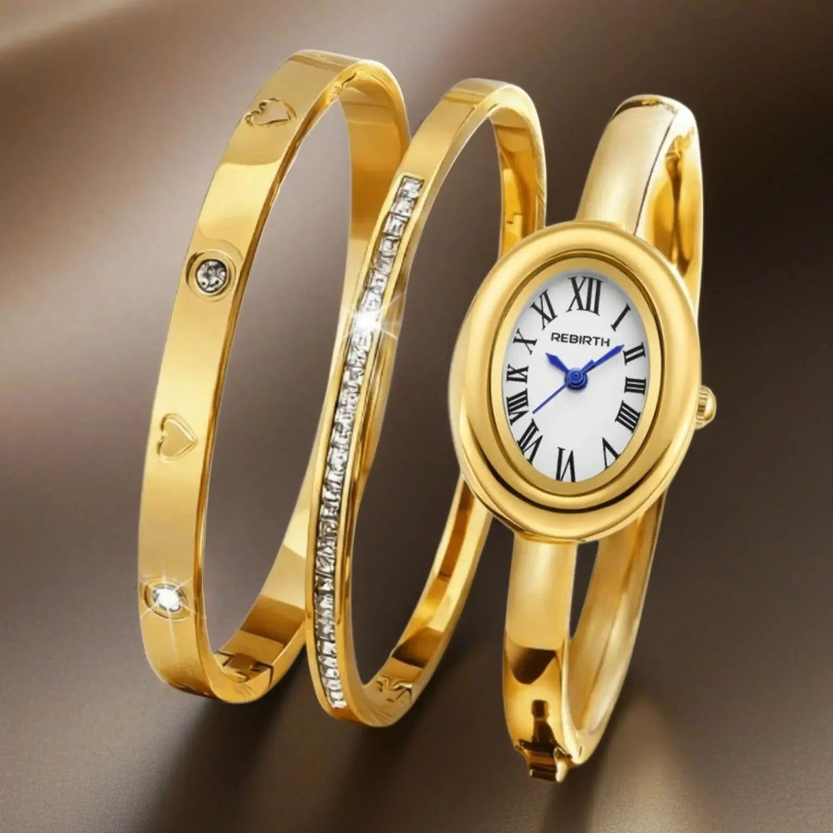 REBIRTH 3-Piece Watch & Jewelry Set – Casual Fashion Watch Jewelry Set Nixie Gold
