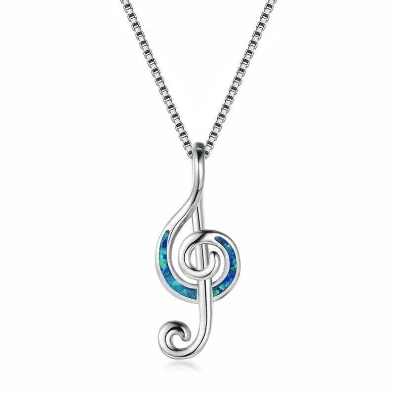 Music Note Opal Pendant Necklace – Silver Blue White Pendant Necklace Nixie