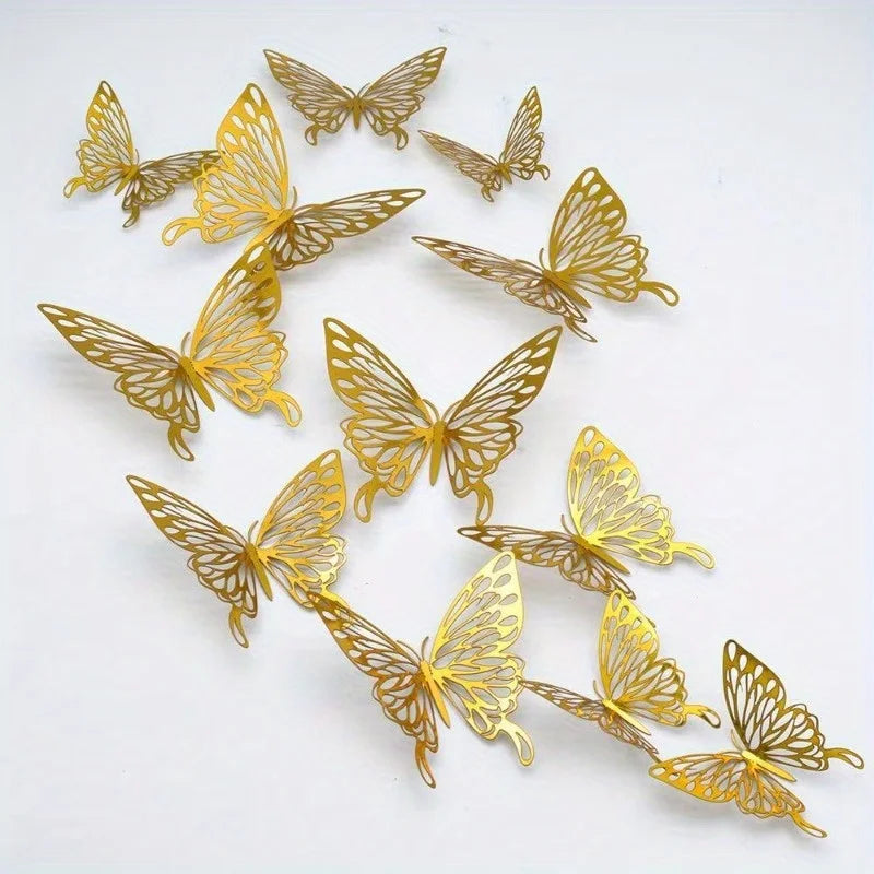 12Pcs 3D Hollow Butterfly Wall Stickers Gold Silver Decals Wall Stickers Nixie