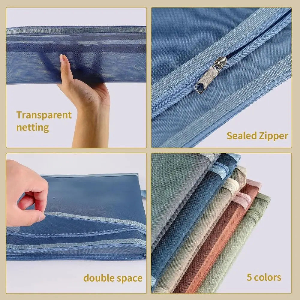 A4/A5 Double-Layer Zipper Mesh Storage Pouch with Handle