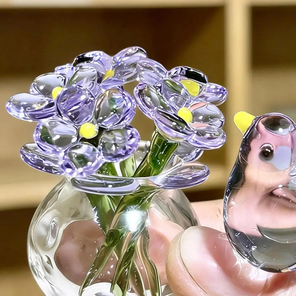Mini Faux Crystal Flower Figurine Glass Bouquet Bee Bird Décor Glass Flower Figurine Nixie